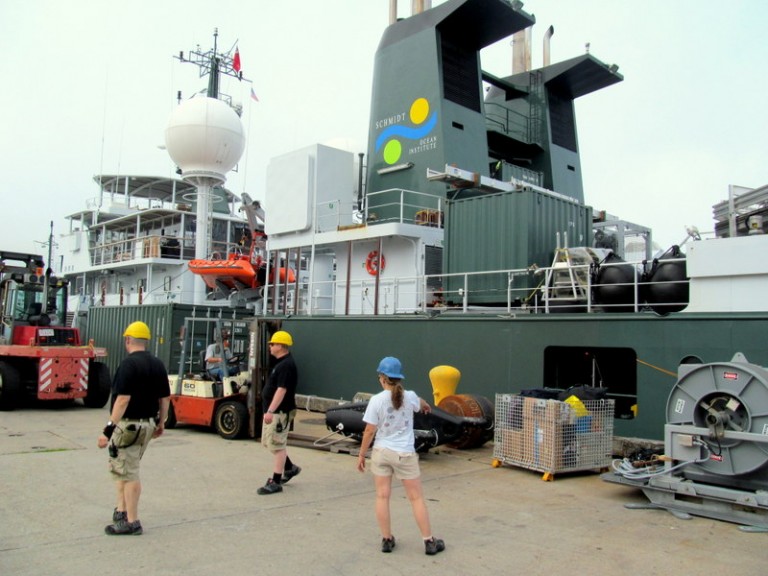 R/V Falkor docked in Woods Hole, Mass. at 7 a.m. on July 28, 2012.