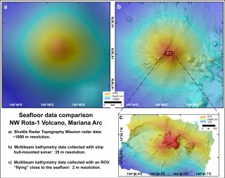 Comparison of seafloor maps collected using 3 different systems at NW Rota-1 volcano in the Mariana Arc. Panels a and b are the same area but at different resolutions. Panel c represents only the summit of the volcano (extent of the map is indicated by the black box in panel b).