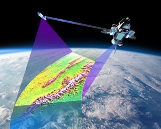 The space shuttle Endeavour using radar to map the seafloor.