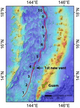 Map of the southern Mariana Back-Arc showing the 10 segments we are focusing on for our hydrothermal hunt, and the site of our first hydrothermal “hit.” 