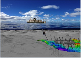 Drawing of a “CTD tow-yo” showing how the CTD instrument is raised and lowered on a cable as the ship drives slowly forward, allowing it to map the location and sample hydrothermal plumes near the seafloor. 