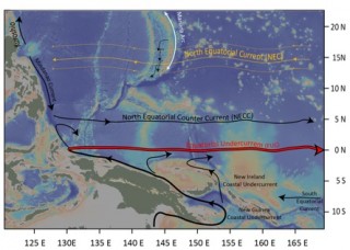 Map of the western equatorial Pacific showing the major ocean currents. Arrows indicate how the Mariana volcanic arc might be an important source of iron in these major currents. 