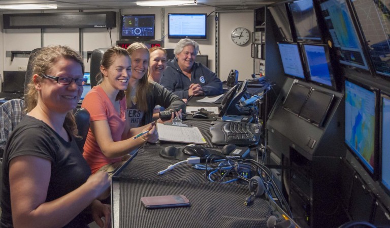 Women researchers on board R/V Falkor. Front to back: Tamara Baumberger, Susanna Michael, Melissa Anderson, Susan Merle, Sharon Walker. 