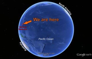 Google Earth view of the Pacific Ocean, which extends from Australia in the southwest to North America in the northeast.