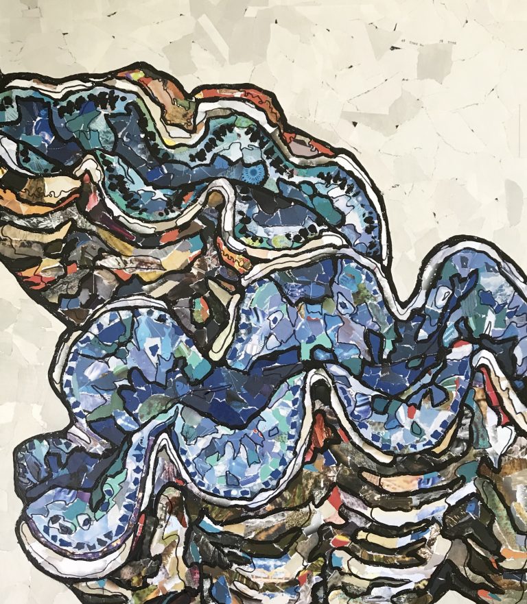 An image of an art piece by Constance Sartor. It is a collage art piece showing a giant clam. The clam's shell is grayish brown and the inside of the clam is purple and blue. 