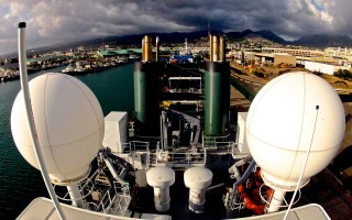 Falkor's two prominent white domes house the satellite antennas that enable internet at sea. 