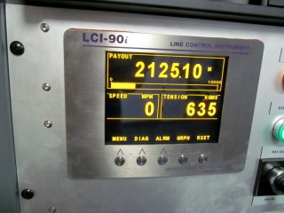 An electronic display tells Falkor crew how much cable is paid out during a CTD launch. The winch associated with this display has a cable that can be paid out to 10,000 meters.