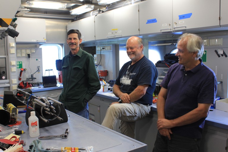 Dr. Eric Firing, VMP Technician Andrew Cookson, and Chief Scientist Dr. Kelvin Richards keep positive spirits while working on the VMP. 