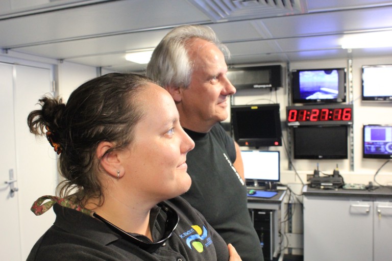 Lead Marine Technician Colleen Peters and Cheif Scientist Kelvin Richards smile on a job well done