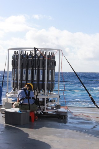 Karen Selph collecting water from the 24 (10L) botttles on the CTD-Rosette for microzooplankton incubation experiments.