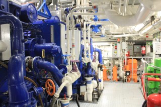 The colorful maze of pipes in the engine room. 