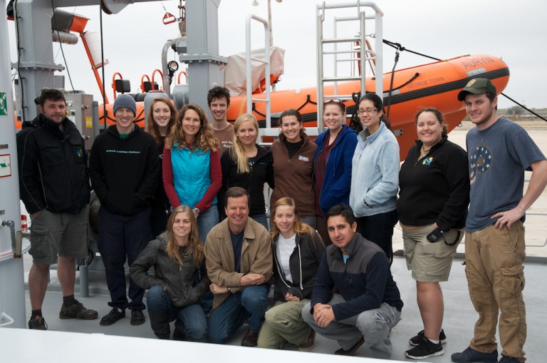 Leg 2 research team of the "Long-Term Effects of the Deepwater Horizon Oil Spill" project. Front row: Erin Becker, Chuck Fisher, Danielle Young, Mauricio Silva. Back row: Leighton Rolley, Miles Saunders, Samatha Berlet, Debbie Nail Meyer, Richard Dannenberg, Sara Kleindienst, Jennifer McClain Counts, Jill Bourque, Dannise Ruiz, Colleen Peters. 