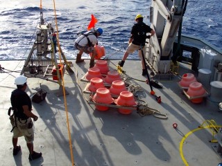 Colorful flags and buoys are attached to the landers so they are visible from the ship when they are ready for recovery. 