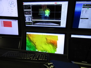 The control room on board Falkor where the mutibeam sonar is monitored and data is collected.