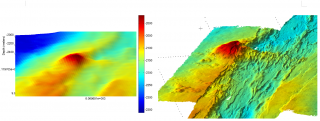 The image on the left shows a seafloor map made from a vessel, the image on the right shows a map made from an AUV. The AUV map has about 100 times higher resolution than the map made from the vessel, but it also took about 100 times as long to make! 