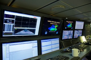 Falkor's science control room, where the team will control the sonar and CTD systems and process the data they gather. 