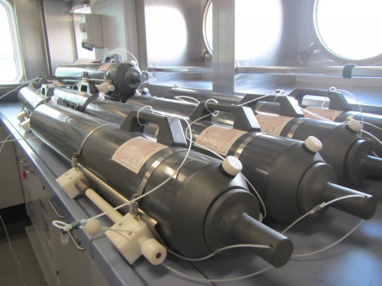 Niskin bottles waiting to be put on the CTD cage.