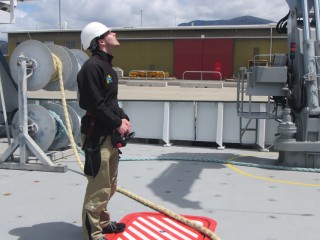 Second officer Oli Hurdwell handles the crane operations to maneuver the rosette.