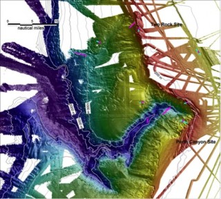 A bathymetric map of the Perth Canyon in Western Australia.