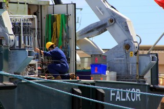 SOI Marine technician Peter Keen works on the CTD Rosette in preperation for the expedition. 