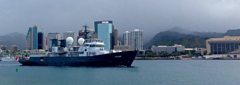 Falkor departing Honolulu for the second 36-day mapping expedition.