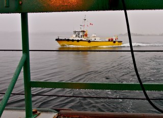 Transferring the pilot required to guide Falkor out of Victoria Harbor.