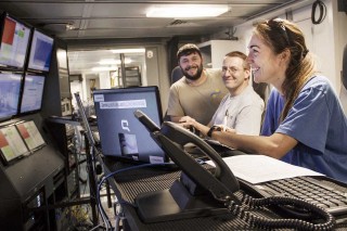 Marine technicians Leighton Rolley and Veit Huehnerbach monitor a CTD cast along with Dr Alyson Santoro. 