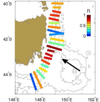 Map figure showing modeled reflectivity of the T-Beam off the Tasman slope. The lines indicate different cross-sections of the continental slopes that were tested with the model. The color indicates the fraction of incoming energy that bounces off the slope without dissipating. The depth contours are every 1000 m. The black arrow indicates the angle of the incoming T-Beam. 