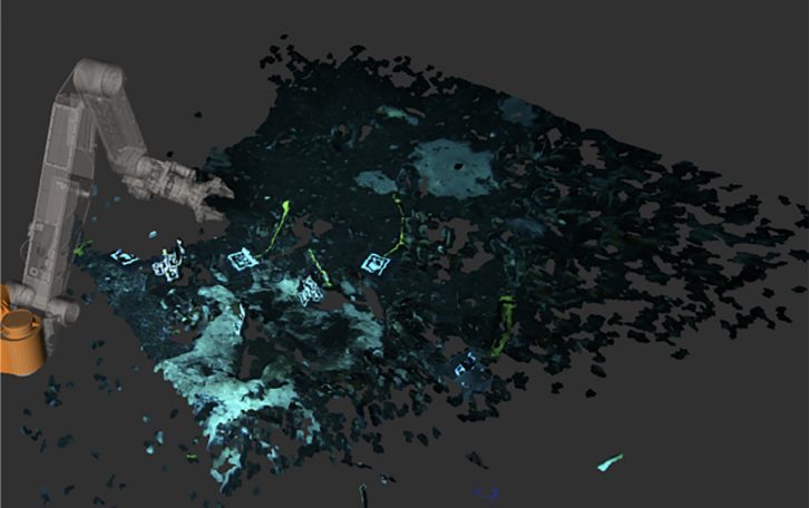 Realtime 3D scene reconstruction of ROV Subastian's robotic arm operations at a seafloor cold seep approximately 1000 meters deep.