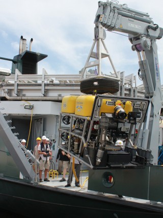 Remotely Operated Vehicle Global Explorer MK3 is tested in the dock at St. Petersburg Florida.