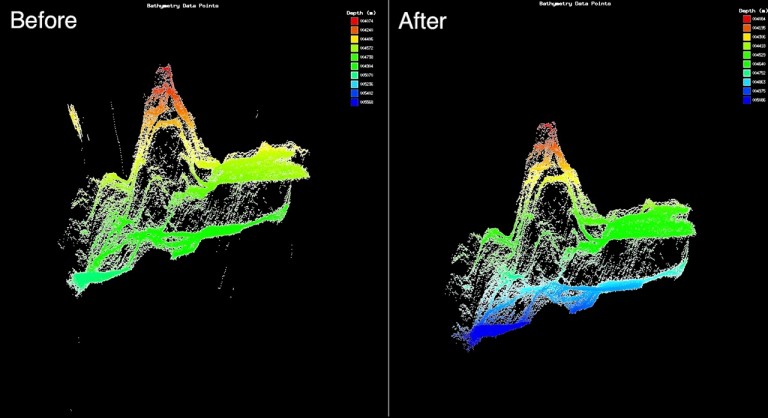 An example of sonar data before and after "killing dots." 