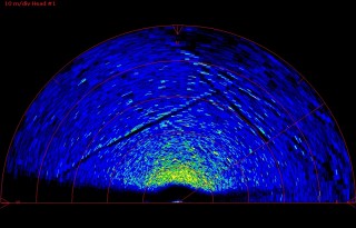 A sample ROPOS sonar view with the signs of past trawling activity showing up as dark lines. 