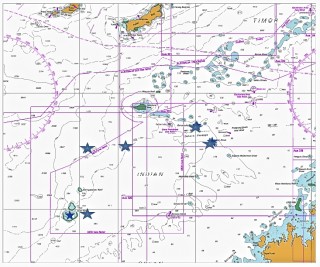 A map of the region with blue stars marking planned study sites. Scott Reef is to the southwest, the deep, unexplored shoals are to the north, and the shallower shores are to the northeast.