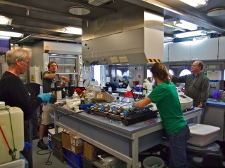 Processing samples from the dive in the wet lab.