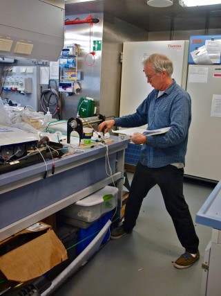 Taking a high seas stance in the wet lab.