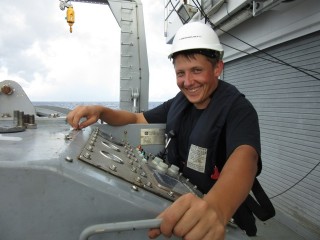 Deckhand Sergio operates the winch used to deploy and recover the landers.
