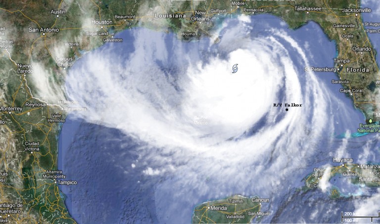 Click to enlarge. The R/V Falkor's location relative to Tropical Storm Isaac at 10 am on Monday August 28th. Image credit: Google Crisis Maps and Catriona Munro