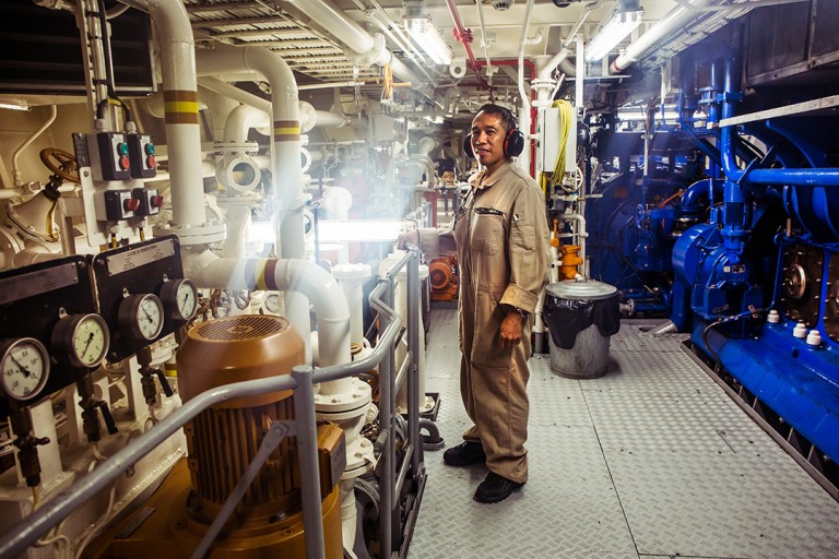 Third Engineer Ramon Tabaque in Falkor’s engine room during a night watch shift. 