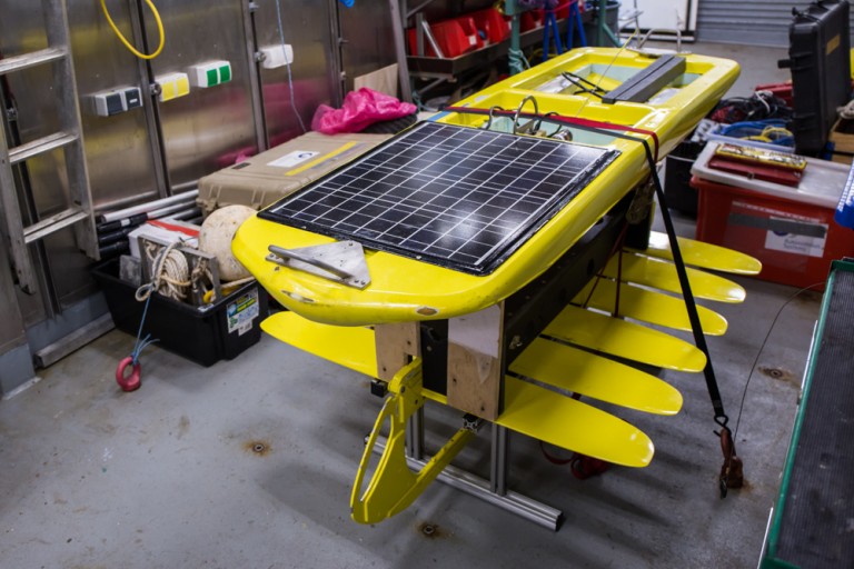 Both sections of the Wave Glider are lashed together during transport out to Scott Reef. 