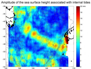 Satellite altimetry map of the sea surface height associated with the internal tidal beam in the Tasman Sea. 