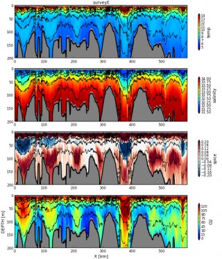 This is raw data produced by the Moving Vessel Profiler. The gray on the bottom marks the seafloor, so the places where the gray peaks denote shallower areas closer to shore. 