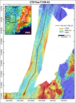 Map of the area that will be covered on CTD tow T15B-02, and probably continued on CTD tow T15B-03 (the next tow). The CTD tow is progressing from south to north and covers a distance of 40 nautical miles. Upper left inset shows the location of the map. 