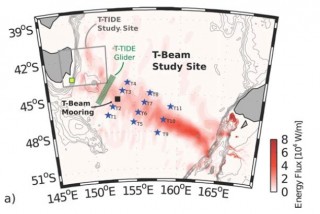 A map showing both the Tasman Sea's internal tide energy (in red), and the locations of planned study sites for both the work aboard Falkor (numbered stars) and the Roger Revelle.