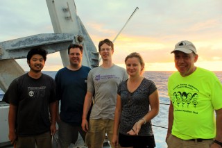 Woods Hole Oceanographic Institute AUV Sentry team (from left to right: Justin Fujii, Chris Taylor, Zac Berkowitz, Johanna Hansen, and Dana Yoerger) takes a moment to enjoy the sunset. 