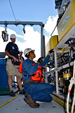 ROV engineer Toshi Mikagawa preps the Global Explorer for the first dive.