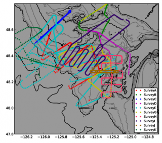 A map of the Moving Vessel Profiler's 10 surveys.