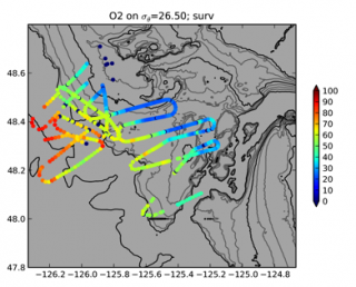 MVP oxygen data showing the patterns of where lower oxygen (blue) water from offshore had made it's way shoreward.