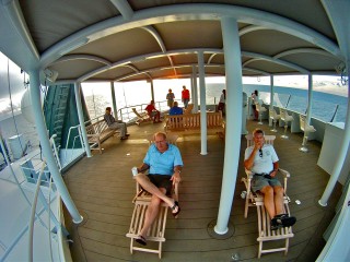 Most nights a small crowd gathers briefly on the upper deck at sunset. 