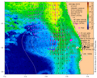 Map showing sea surface temperature (SST) and currents in the area surrounding the Perth Canyon. The southward flowing current represented in green is the Leeuwin Current. 