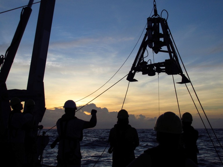 Launching the Abyssal Camera Lander (headed for 5,000m) at sunset.